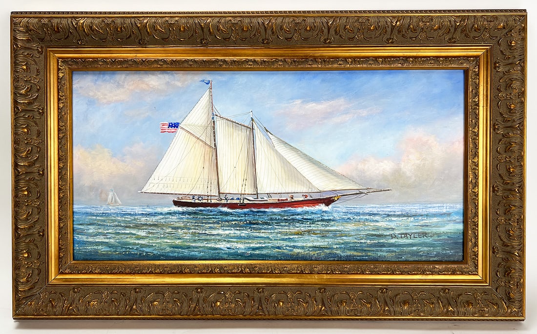 AMERICAN, 20th c.: two masted schooner at sea sgn. l.r. D.Tayler o/c; 12 by 24 in.; framed 18.5 by 30.5 in. NOTE: Apologies, we cannot approve bidders during the aucti