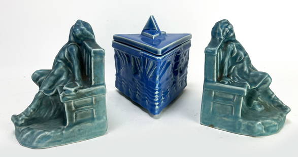 (on 3) ROOKWOOD POTTERY ART DECO TRIANGULAR BOX: incised mark / XXXI (1931) / 6192 /A; blue glaze with conforming triangular lid; 5.5"h; sides 5"