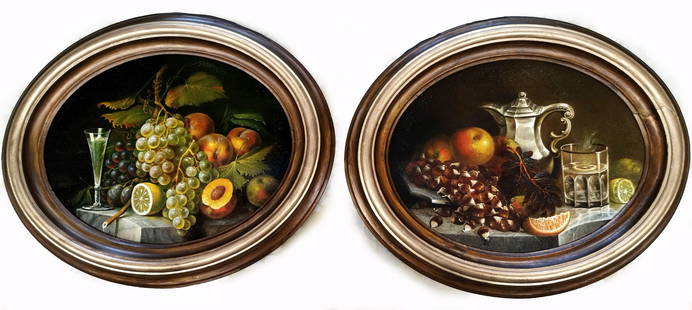 (pair) JOHN F. FRANCIS (Pennsylvania, 1808-1886): oval still lifes of fruit o/c (relined); oval 14.5 by 18 in.; framed 19 by 23 in. labels on reverse Newman Gallery... Philadelphia/Bryn Mawr Francis, born in