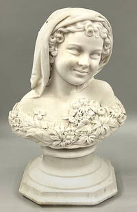 THOMAS BALL (Boston, 1819-1911) MARBLE SCULPTURE: bust of a young girl wearing a head scarf sgn. and dated T. BALL 1875 15.5"h; 14"w at shoulders; on marble plinth 22"h totalNOTE: Apologies, we canno