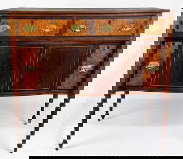 SMALL-SIZED BOSTON FEDERAL MAHOGANY SERVER: attrib. Thomas Seymour (1794-1816), two frieze drawers with satinwood fronts above pair of cupboard doors flanked by liquor drawers with satinwood fronts, the interiors fitted with compartments; on ta