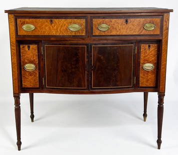 SMALL-SIZED BOSTON FEDERAL MAHOGANY SERVER: attrib. Thomas Seymour (1794-1816), two frieze drawers with satinwood fronts above pair of cupboard doors flanked by liquor drawers with satinwood fronts, the interiors fitted with compartments; on ta