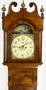 NEW JERSEY FEDERAL INLAID MAHOGANY TALL CLOCK: The Barber/Fuller Family tall clock New Jersey or New York hood with scrolled crest with brass finials and full, fluted columns; painted ship dial; inlaid mahogany case with fluted quarter columns; fl