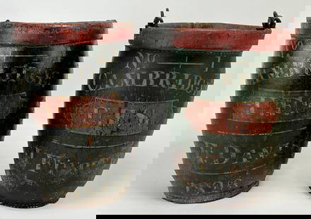 PAIR OF MASSACHUSETTS LEATHER FIRE BUCKETS, 1823: Cambridge, Massachusetts, original paint, one, No. 1 /CAMBRIDGE/U.F.S/ E. DAVIS / 1823 the other, No. 1 /CAMBRIDGE /U.F.