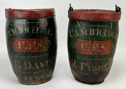 PAIR OF MASSACHUSETTS LEATHER FIRE BUCKETS, 1823: Cambridge, Massachusetts, original paint, one, No. 1 /CAMBRIDGE/U.F.S/ E. DAVIS / 1823 the other, No. 1 /CAMBRIDGE /U.F.