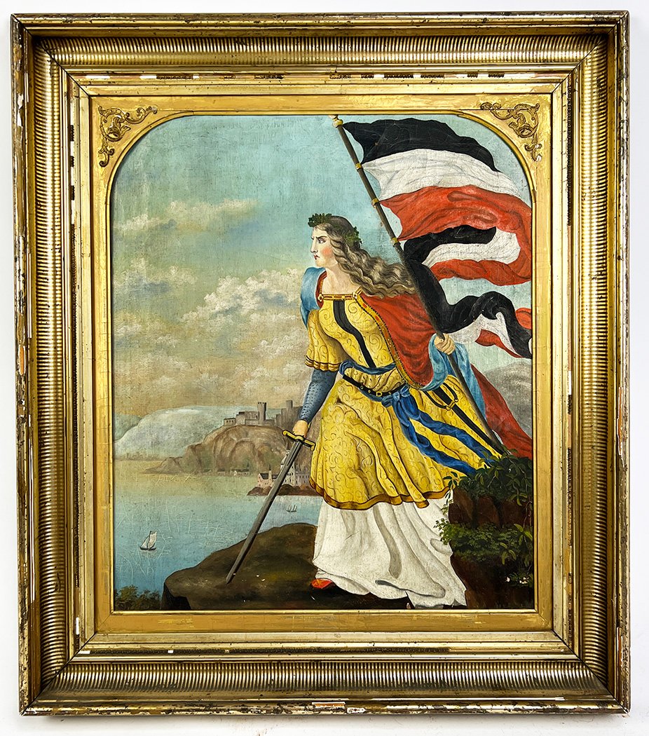 FRENCH, 19th c.: Liberty with flag gazing out to sea /also known as Marianne, the personification of the French Republic o/c; 25.5 by 22 in.; framed 34 by 31 in. NOTE: Apologies, we cannot approve bidders during the a