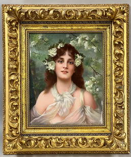 19TH C. KPM PORTRAIT PAINTING ON PORCELAIN: portrait of woman with flowers in her hair sgn. l.l. Nach C. Keisel (sitter); l.r. v. L. Schinzel