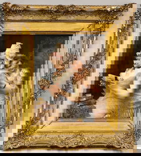 19TH C. KPM PORTRAIT PAINTING ON PORCELAIN: two smiling sisters, one reading a book on reverse incised scepter mark KPM/W / 316 255, also illegible handwriting 12.5 by 10.25 in.; ornate gilt frame 20 by 1