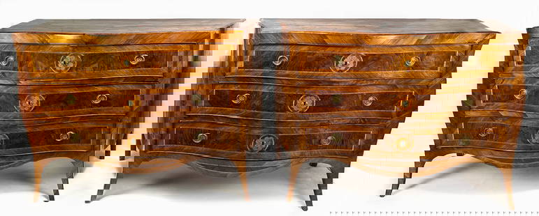SUPERB PAIR ITALIAN ROCOCO INLAID SERPENTINE COMMODES: 18th c., Northern Italy, overall extensive inlay, three serpentine drawers with banded inlay; flared feet; impressive size, 40"h; 55"w; 25"d Provenance: from a New England home purchase