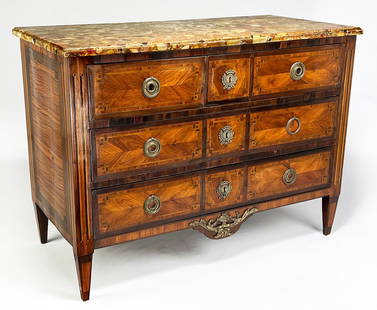 FRENCH LOUIS XVI INLAID MARBLE TOP COMMODE, STUMPFF: Jean Chrysostome Stumpff (Paris, 1731-1806) STUMPFF incised on right corner under the pudding marble top; three drawers with original brass ring pulls and escutc