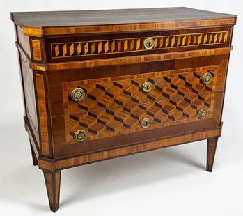 ITALIAN NEO-CLASICAL INLAID COMMODE: c. 19in the manner of Giuseppe Maggiolini frieze drawer conforming inlay to side, above two drawers with geometric inlay; canted corners, tapering feet; 31"h; 36"w; 19"dNOTE: Apologies, we cannot appr