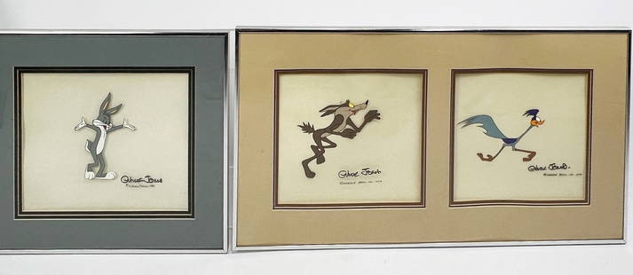 (on 2) THREE DISNEY/WARNER ANIMATION ART CELLS, CHUCK JONES: all sgn. Chuck Jones (1912-2002) mounted as one, left is Wile E. Coyote, 1979,; the other Road Runner, 1979