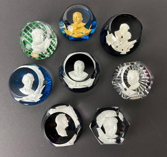 (on 8) BACCARAT FACETED SULFIDE PORTRAIT PAPERWEIGHTS: (6) with Baccarat mark: Martin Luther King; JF Kennedy; Winston Churchill; Abraham Lincoln (minor flake on base); Teddy Roosevelt; Eleanor Roosevelt; along with (2)