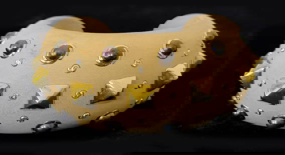 DUKE FULCO DI VERDURA VINTAGE CUFF BRACELET: Duke Fulco Di Verbura (Italy/America, 1898-1978) rounded, wood cuff with bezel-set round brilliant-cut diamonds, grey cultured pearls both set in 18k gold; also inset with 18k yellow gold studs; inner