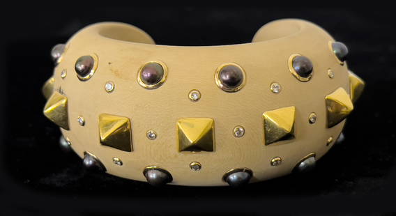 DUKE FULCO DI VERDURA VINTAGE CUFF BRACELET: Duke Fulco Di Verbura (Italy/America, 1898-1978) rounded, wood cuff with bezel-set round brilliant-cut diamonds, grey cultured pearls both set in 18k gold; also inset with 18k yellow gold studs; inner