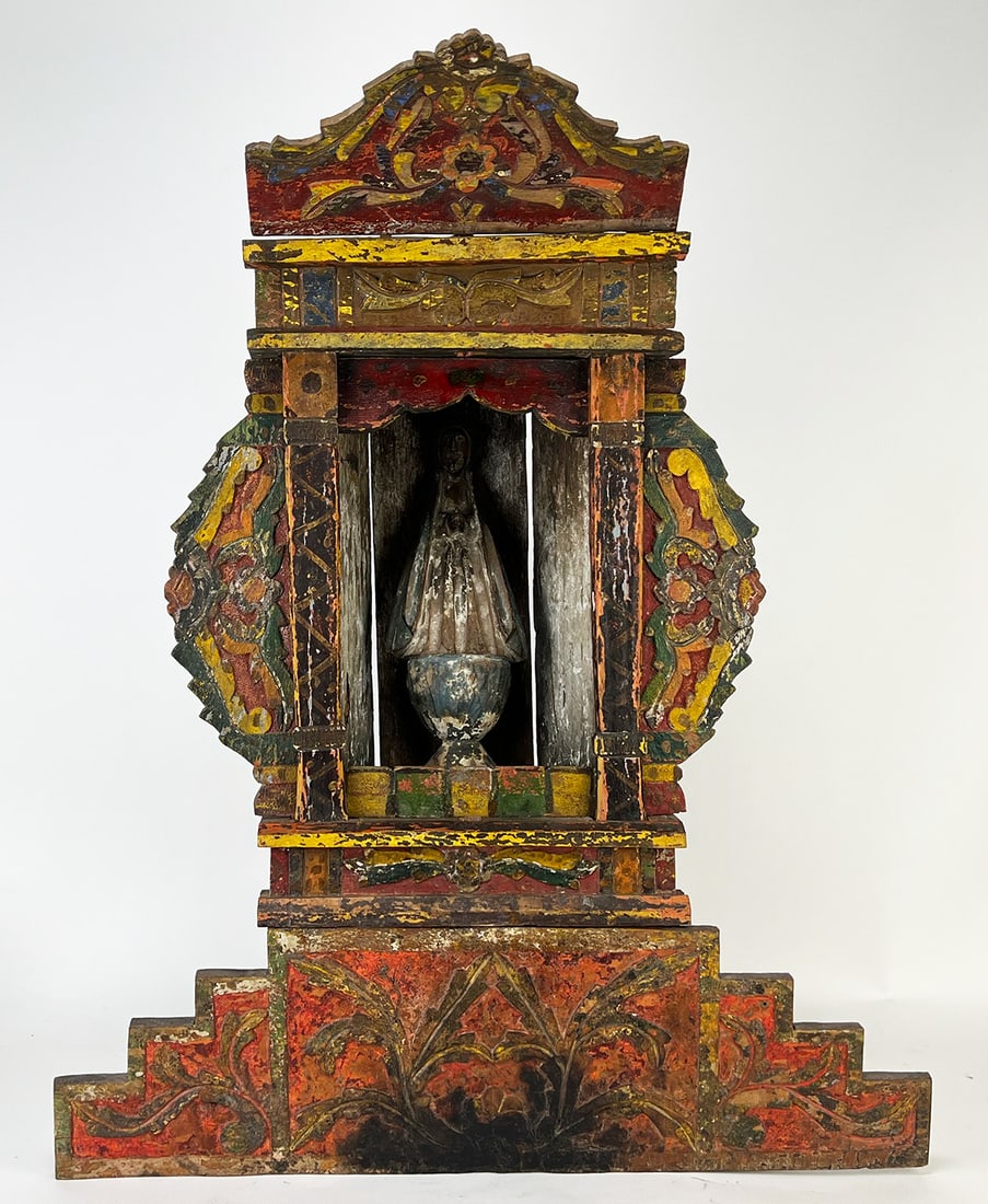 MEXICAN CARVED AND PAINTED MADONNA SHRINE: breaks down into several pieces, 33”h; 27”w; 9”d