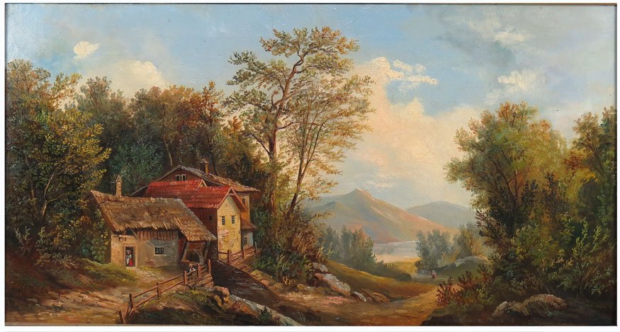 JULES DUPRE (French, 1811-1889): mill and houses above a valley and lake, mountains in distance sgn. l.r. Jules Dupre o/c, 16 by 30 in., period gilt molded frame