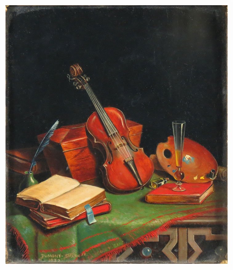 ROBERT DUMONT-SMITH JR. (British, b. 1908): miniature still-life with violin, tea caddy, etc. sgn. and dated l.l. Dumont Smith Jr., 1932 o/b, 6 by 5 in., gilt frame, under glass
