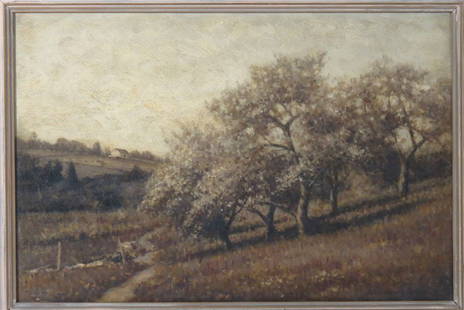 JOHN WILLARD RAUGHT (American, 1857-1931): Apple Blossoms near Moscow “Penna sgn. and dated l.r. John Willard Raught, 1926 o/c, 16.25 by 24.25 in., original frame titled on stretcher, also says (Sepia drawing in oil) paper label: LENT BY MR.