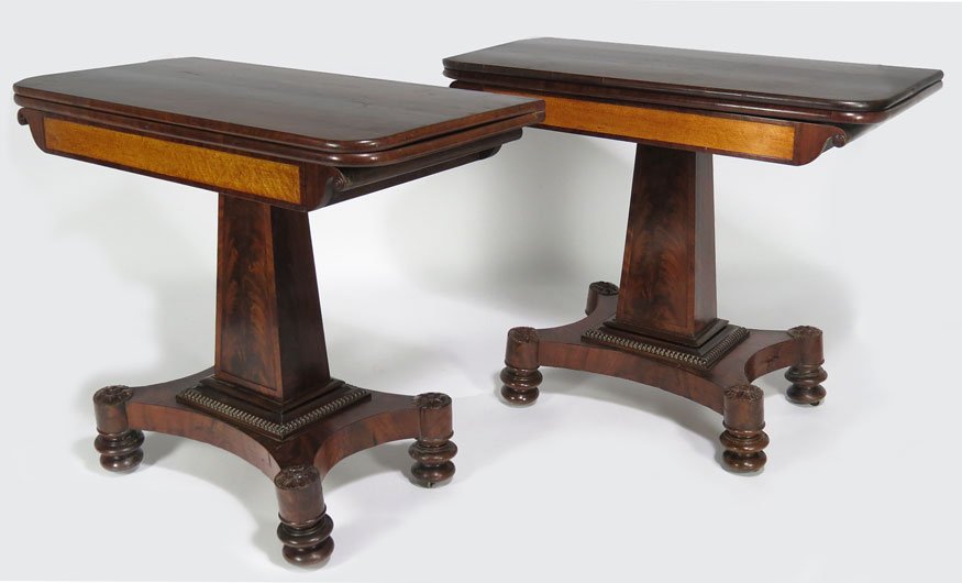 PAIR OF MASSACHUSETTS CLASSICAL MAHOGANY CARD TABLE: attrib. Thomas Seymour, Salem, c. 1816 rectangular-form, mahogany with satinwood aprons, on tapering post mounted on platform base with turned feet, 29.5h; 36.5"w;17.5"d See Robert Mussey, Jr., ‘The