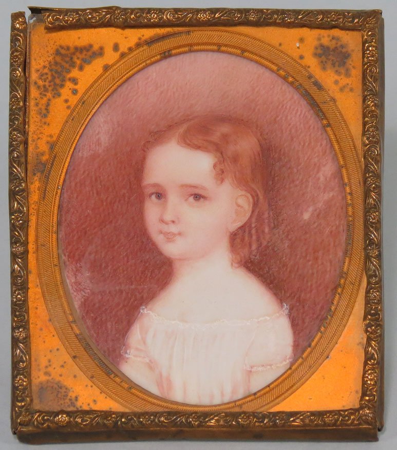 19TH C. MINIATURE PORTRAIT ON IVORY OF YOUNG GIRL: attrib: to Joseph Whiting Stock oval image in original square embossed brass frame, image 2.75" x 2.25" (sight)