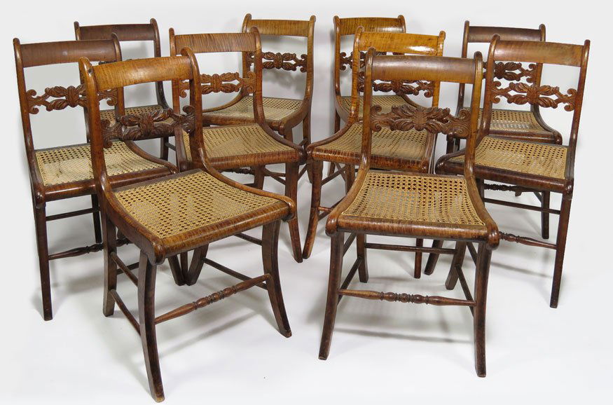 SET OF (10) FEDERAL TIGER MAPLE SIDECHAIRS: probably New York, with carved splats, caned seats, 33.5"h; 18"w