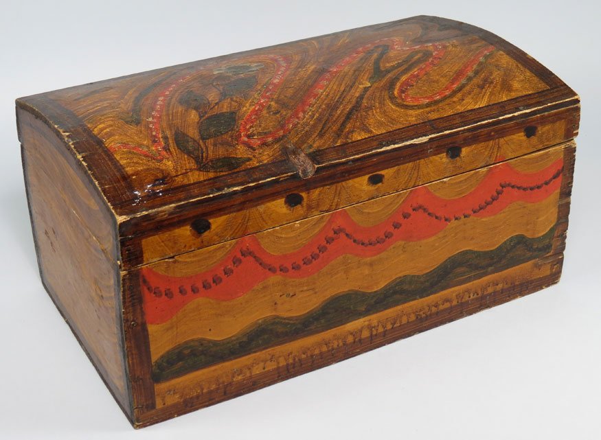 19TH C. PAINT DECORATED DOCUMENT BOX: dome top, 8.5"h; 17"w; 10"d
