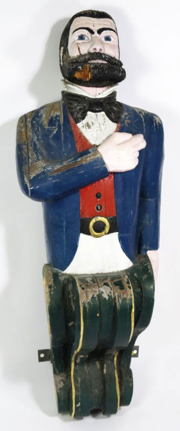 CARVED WOODEN SHIP’S FIGUREHEAD OF SAILOR: early 20th c., carved and painted, 62"h; 21"w Prov.: the collection of television personality Rex Trailer, host of the Boston-based, Saturday morning children’s show Boomtown, which aired from 1956-