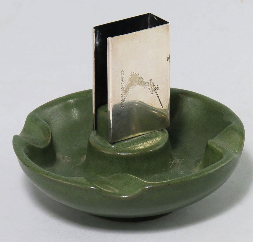 MARBLEHEAD POTTERY ASHTRAY: with plated silver matchbox holder, 5"diam.