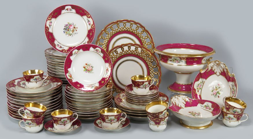 (on 65) PARIS PORCELAIN PARTIAL DINNER SERVICE: 19th c., rose colored border with floral cartouches (almost identical to lot 379) (24) plates, 9 (two w/ chips); (4) soup plates, 9" (one w/chip, one stapled); (12) deep salad or desert plates, 8" (th