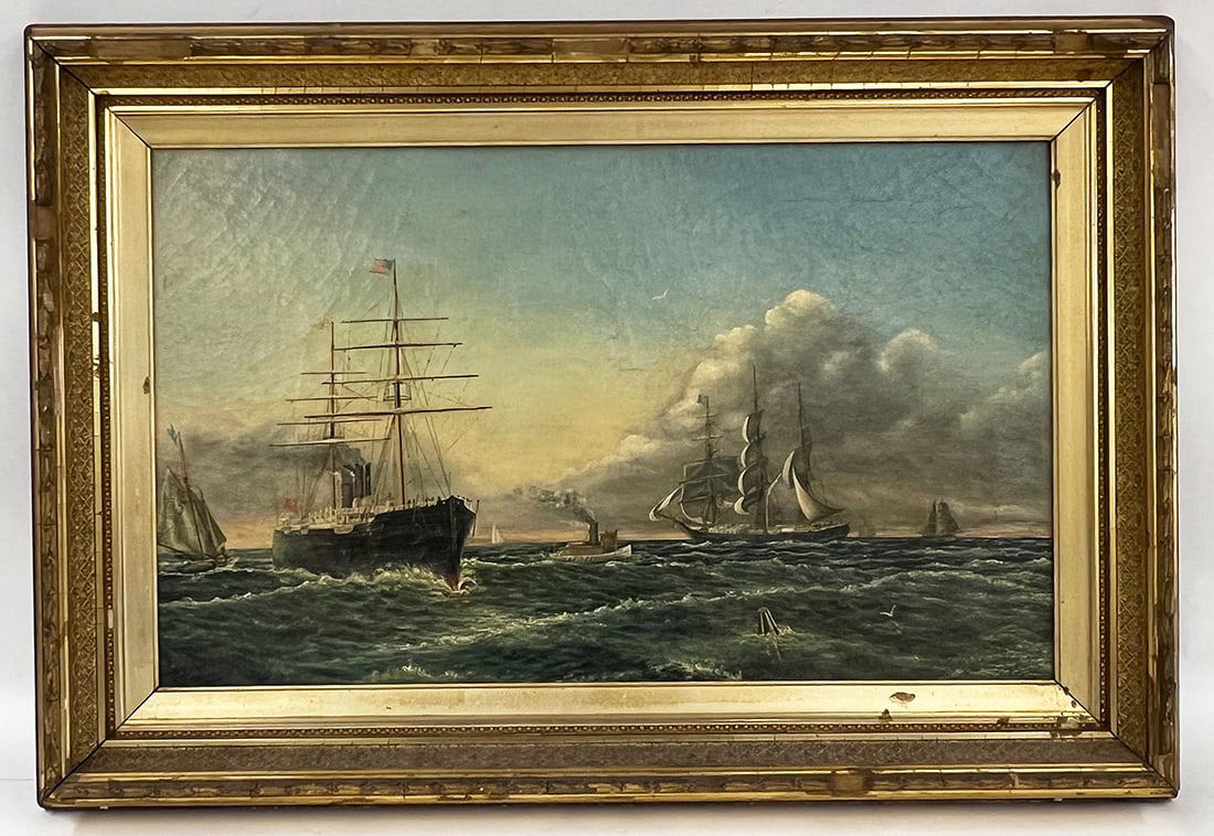 ELLIS W. HARLOW (American, 19th c.): marine scene, steamer ship with American flag, sailboats, tugboat sgn. and dated l.l. E.W. Harlow 82 o/c; 16 by 26 in.; prob. original gilt frame