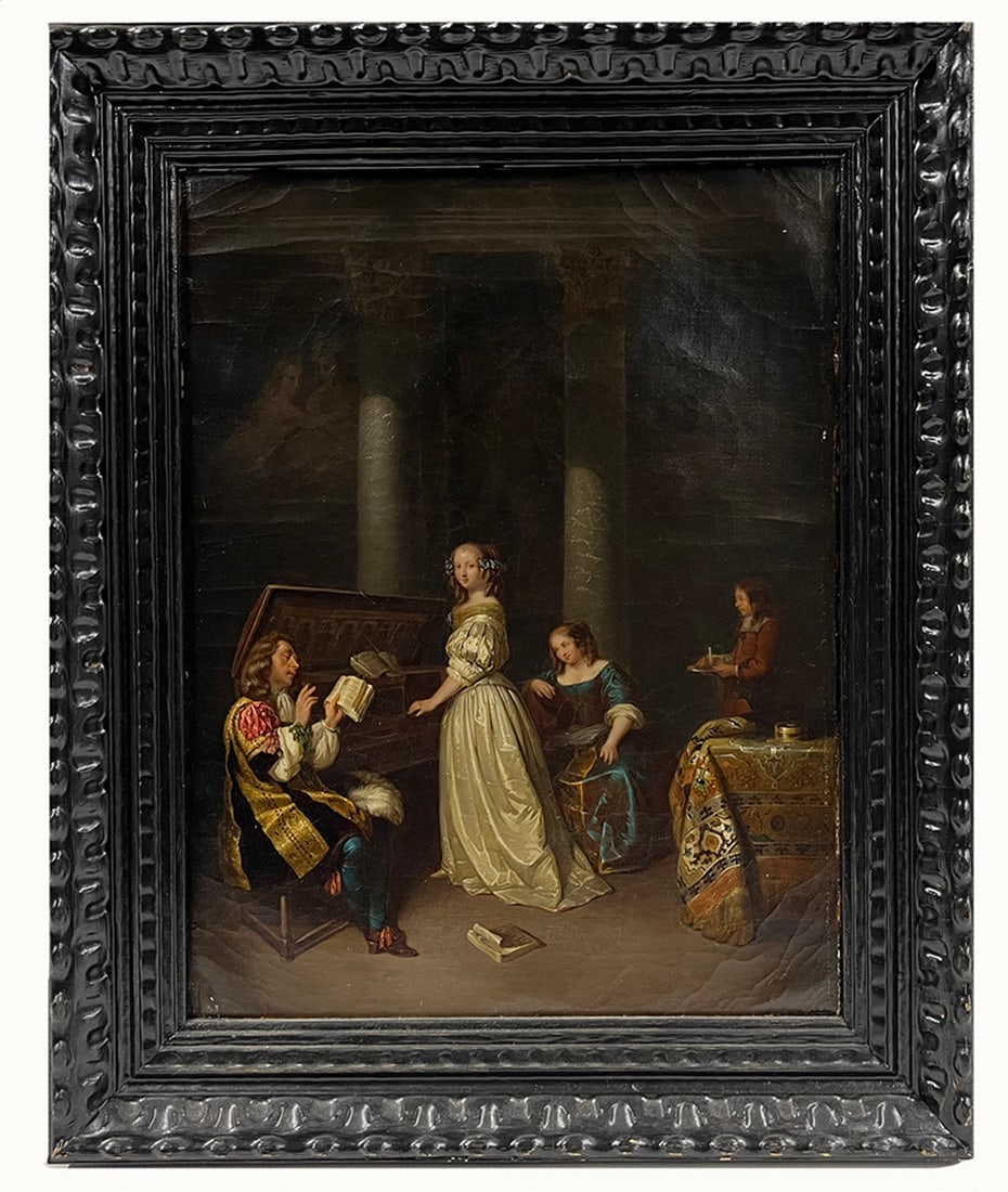 manner of GERARD TER BORCH (Dutch, 19th c.): interior, woman playing harpsicord with gentleman singing unsigned; 18 by 13.5 in.; ebonized frame 22.5 by 18.5 in. From the estate of Alan Varteresian, Boston, MA. Alan particularly liked the carpet 