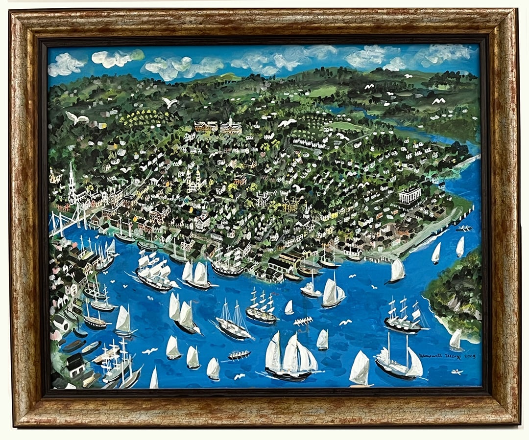 MAXWELL MAYS (American/ Rhode Island, 1918-2009): overview of Providence, RI, city and ships sgn. and dated l.r. Maxwell Mays 2003 o/c; 24 by 30 in.; framed 28.5 by 34.5 in.NOTE: Apologies, we cannot