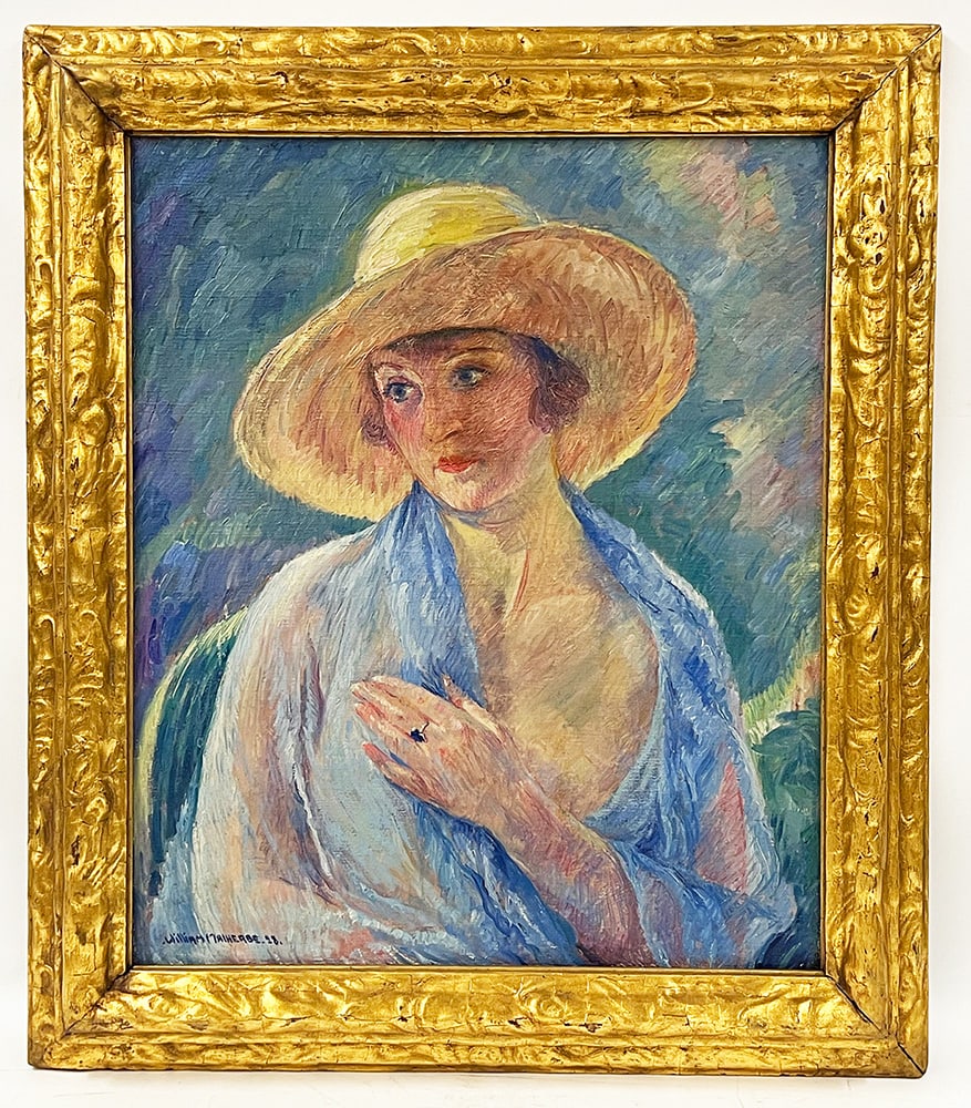 WILLIAM MALHERBE (French, 1884-1951): portrait of woman wearing a hat sgn. and dated l.l. William Malherbe 28, also sgn. in pencil on stretcher o/c; 26 by 21 in.; gilt frame 33 by 28.5 in. Malher