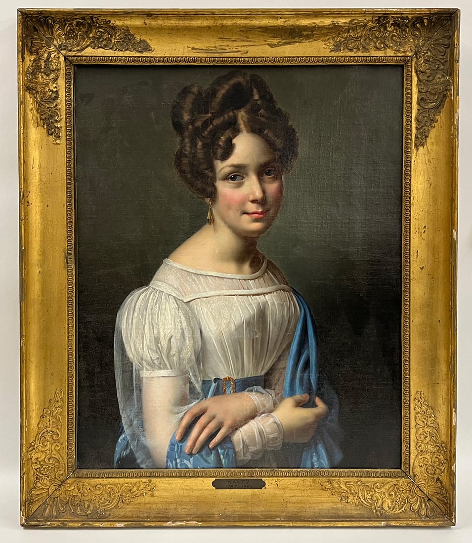 attrib. FRANCOIS-JOSEPH NAVEZ (Belgian, 1787-1869): portrait of woman with gold earrings o/c (old reline); 27 by 21 in.; framed 31 by 27 in. written on stretcher 12 Avril 1826 Plaque on frame