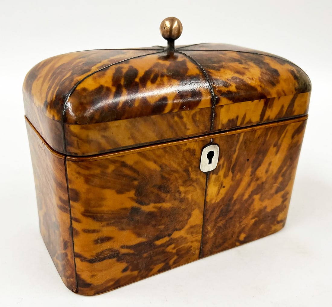 ENGLISH GEORGIAN DOUBLE TEA CADDY: rectangular-form with rounded corners; double lidded interior; with key; 5"h; 7"w; 4"d NOTE: Apologies, we cannot approve bidders during the auction.
