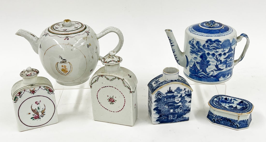 (on 6) GROUP OF CHINESE EXPORT PORCELAINS: (3) blue and white Canton - a footed salt, a tea caddy (sans top), and a teapot; along with an Export tea pot with the arms of Richard and Abigail Willets 1768 and (2