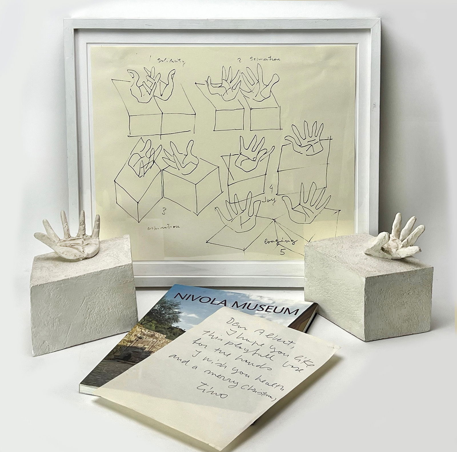 (on 4) CONSTANTINO NIVOLA (Italian/American, 1911-1988): Hands pen on paper; 13.5 by 16.75 in. (sight); floating mount; matted, framed under plexi 17 by 20 in.; along with a pair of plaster hand sculptures, approx. 3 by 3 in.; mounted on a rhombu