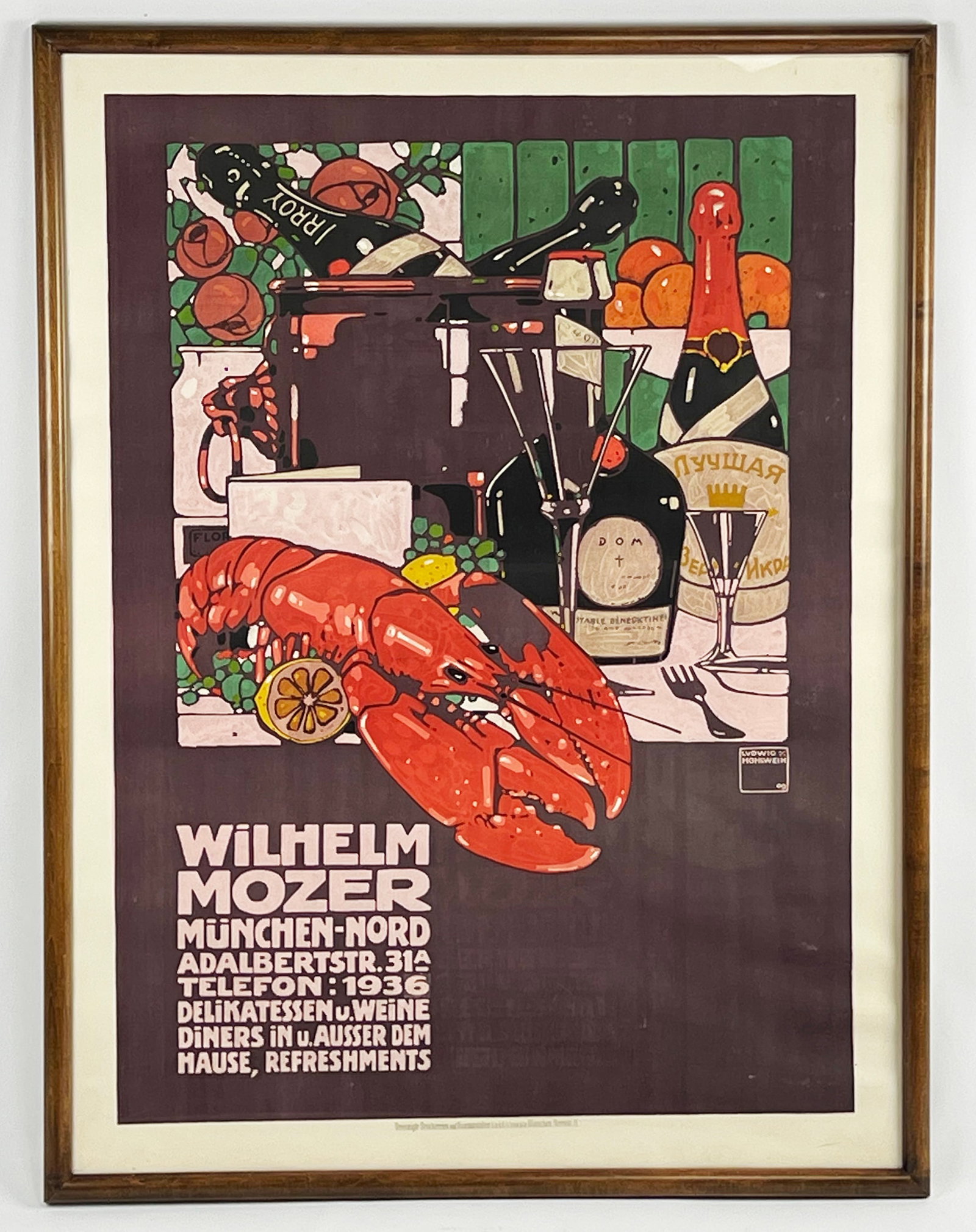 WILHELM MOZER DELIKATESSEN FRAMED POSTER: MUNCHEN-NORD...1936 artwork by Ludwig Hohlwein done in 1909 for Mozer's restaurant in Munich still life with lobster, champagne and liqueur bottles 36 by 49 in.; framed 38 by 50 in.