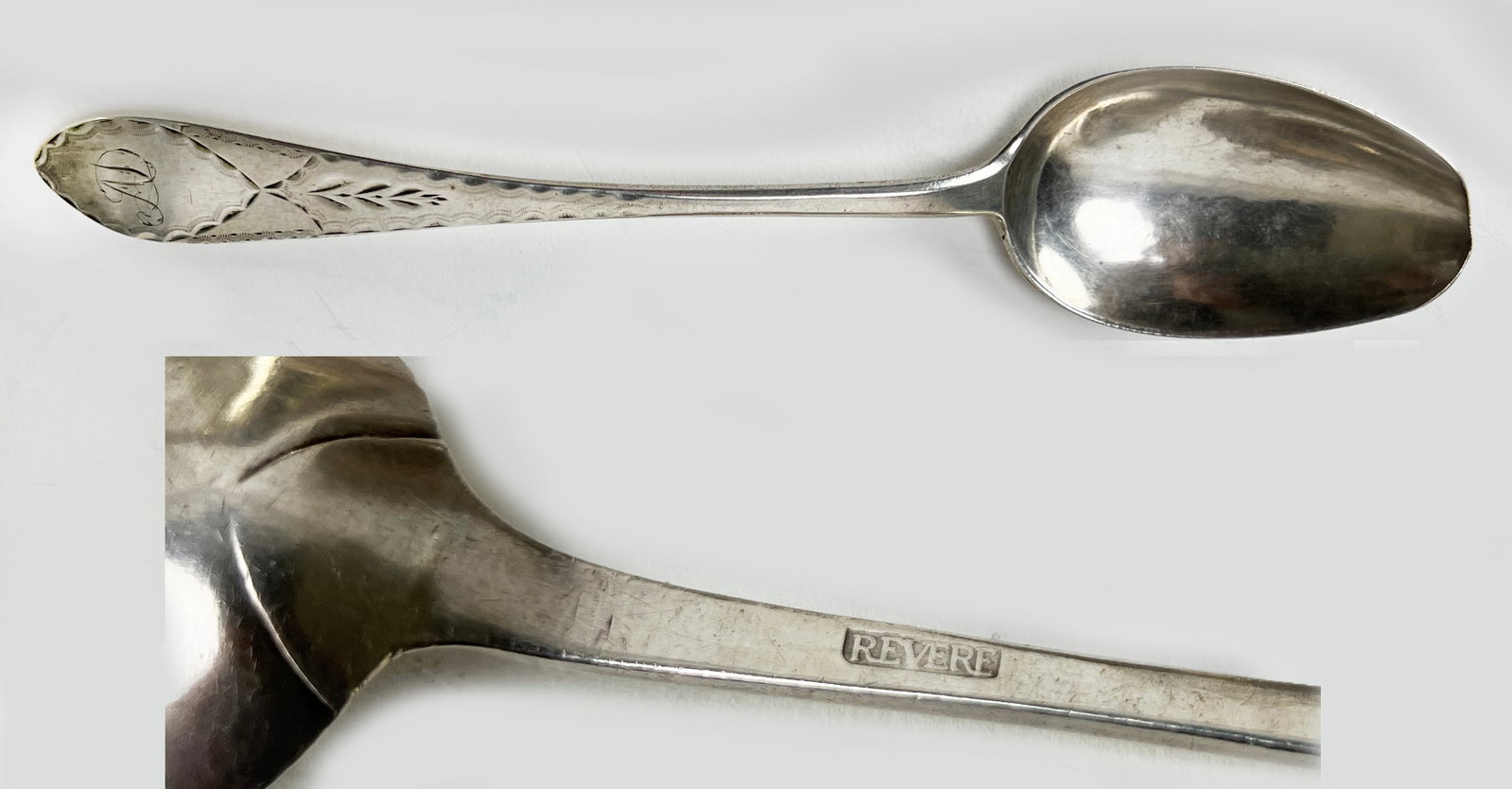 18TH C. BOSTON SILVER TABLE SPOON, REVERE: Paul Revere (Boston, 1735-1818) marked REVERE on back of neck; the handle with punched decoration and the initials AD<