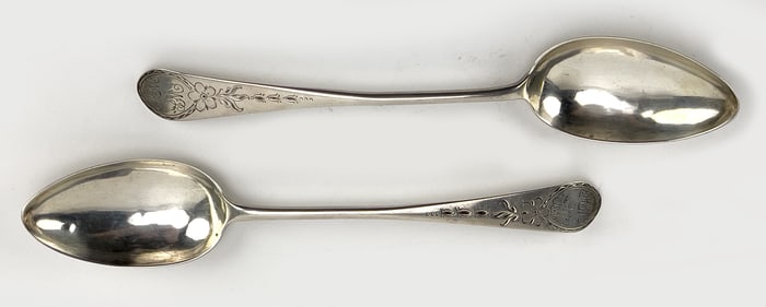 PAIR OF 18TH C. BOSTON COIN SILVER SERVING SPOONS, TYLER