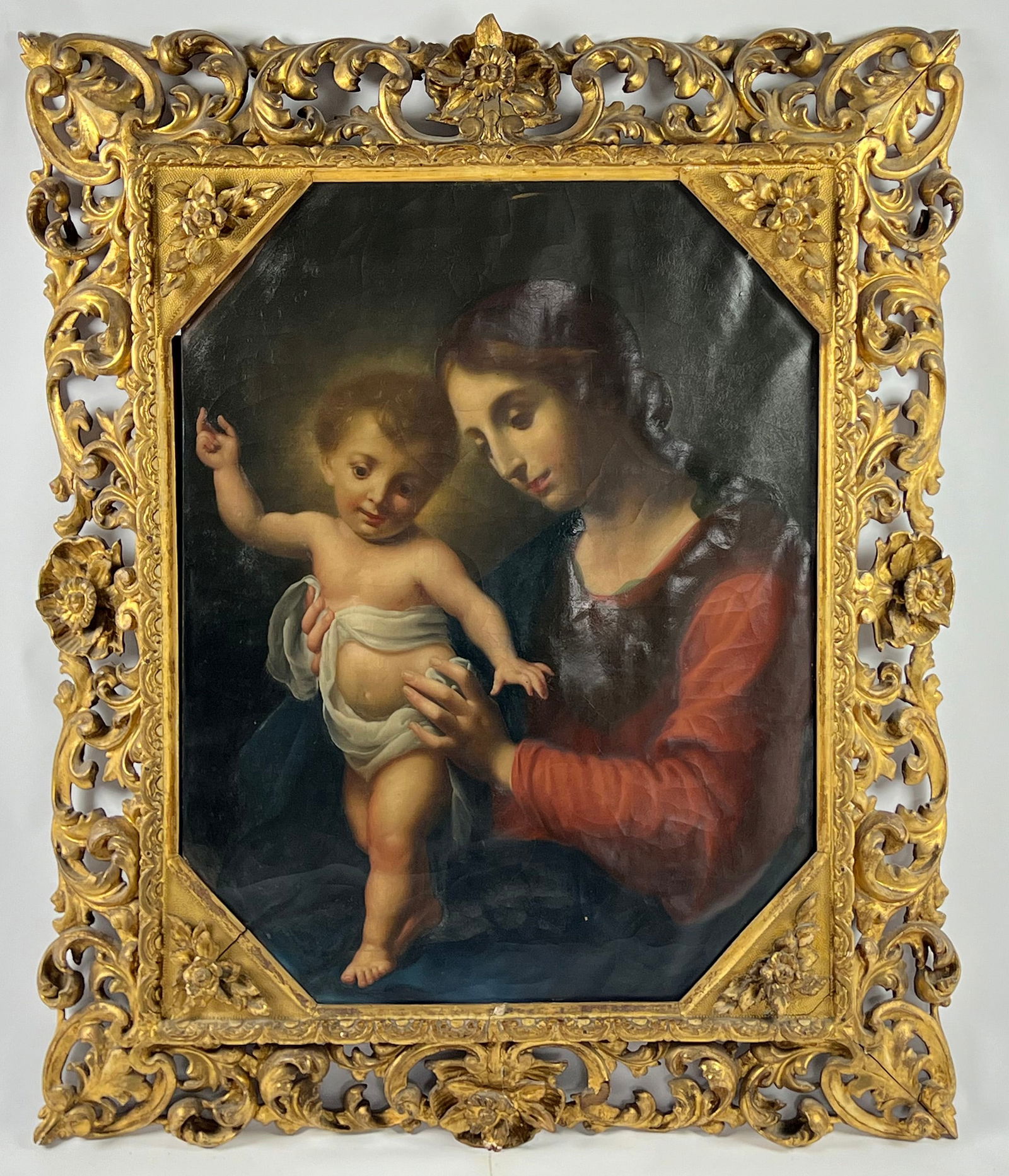 ITALIAN, 18/19th c. OIL / GILT FRAME: after Carlo Dolci, 18th c. Madonna and Christ child o/c; 36 by 26 in.; ornately carved, period gilt frame 45 by 38 in. frame opening 34 by 27 in.NOTE: Apologies, we cannot approve bidders during the a
