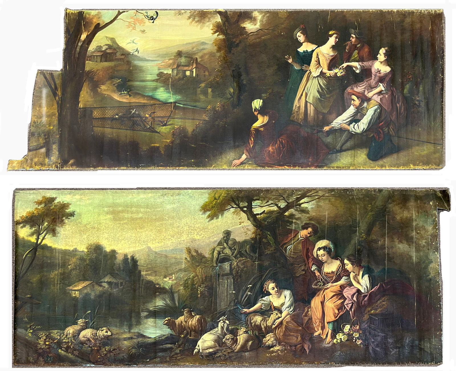 (2) FRENCH, 19th c. ROLLED CANVAS WALL MURALS: in the manner of Francois Boucher (Paris, 1703-1770) family gathering in a wooded landscape 55 by 128 in.; rolled (damage to ends; )the other: group catching