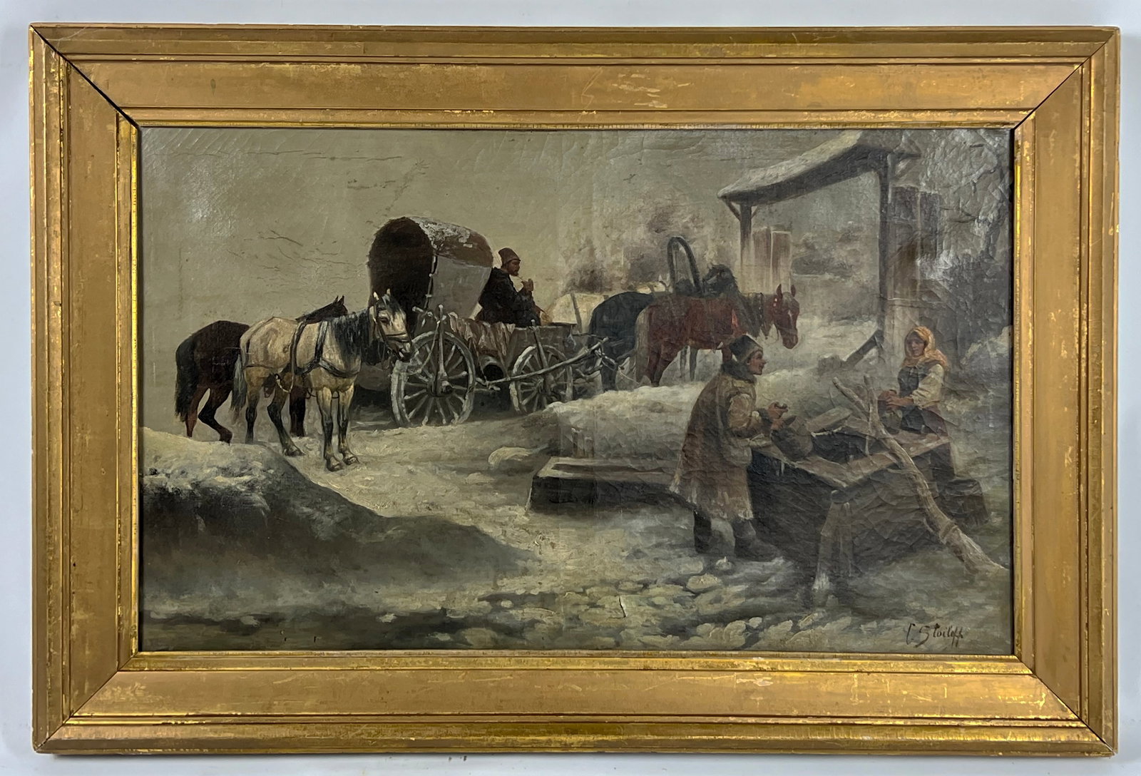 CONSTANTIN STOILOFF (Russian Federation, 1850-1924): Winter scene with figures, horses and wagon sgn. l.r. C. Stoiloff 20 by 32.5 in.; framed 26.5 by 37.5 in. NOTE: Apologies, we cannot approve bidders during the auction.
