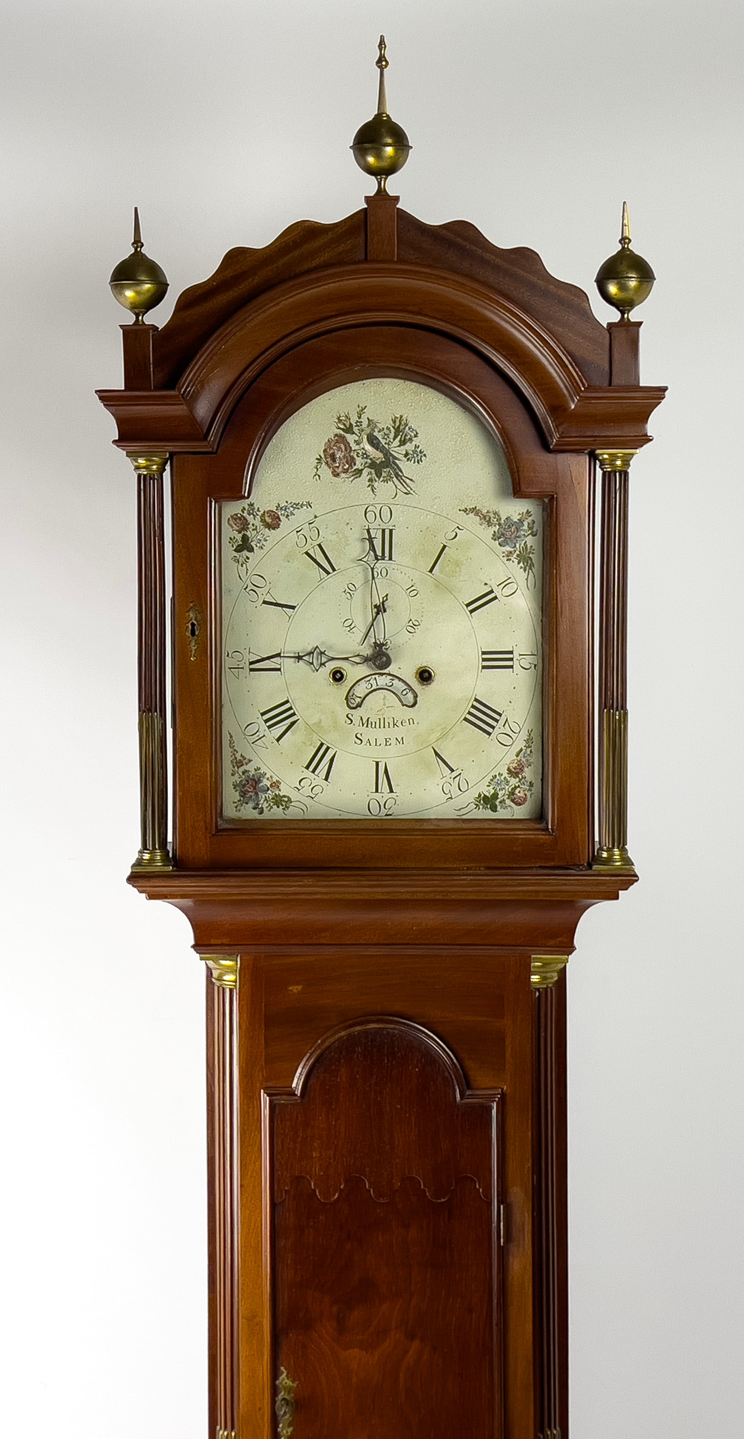 18TH C. SAMUEL MULLIKEN SALEM, MAHOGANY TALL CLOCK: S. Mulliken / Salem on painted dial, (Samuel Mulliken) 8-day with brass works; stop fluted quarter columns original painted dial 89"h; case 14"w NOTE: Apologies, we cannot
