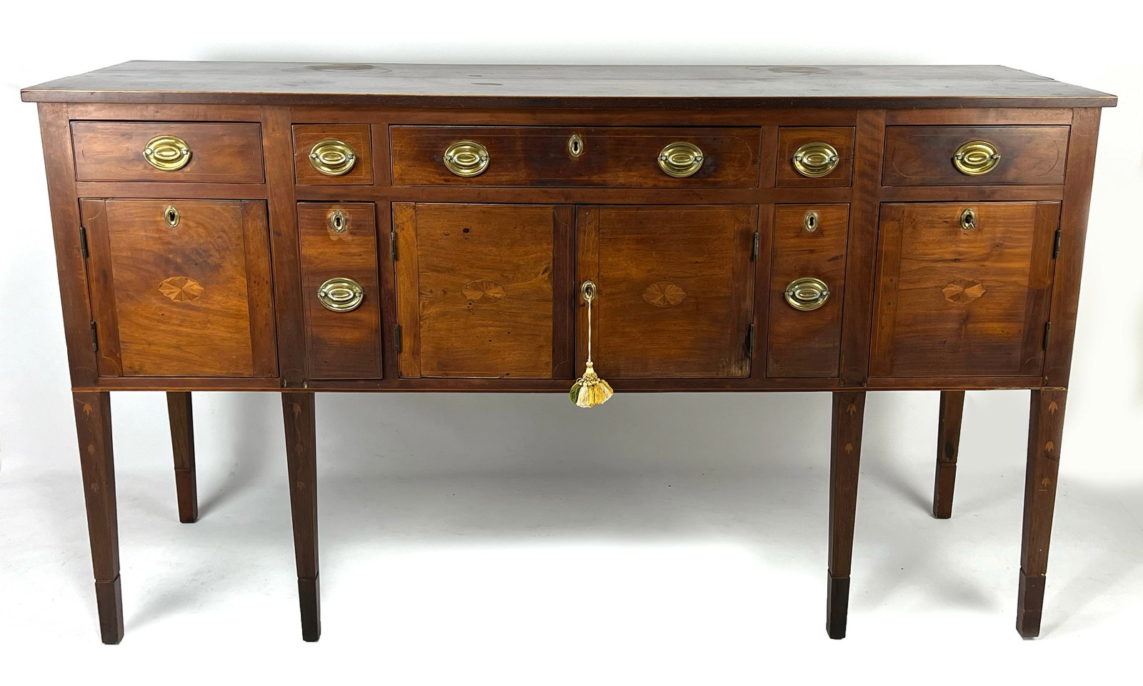 SOUTHERN FEDERAL INLAID MAHOGANY SIDEBOARD: Virginia, late 18th c., 41"h; 72"w; 23"d Pine secondary wood Descended through a Richmond, Virginia family to the present owners, Providence, RI. NOTE: Apologies, we cannot approve bidders during the 