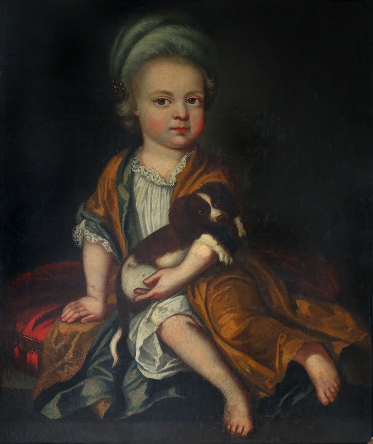 BRITISH SCHOOL, 18th c.: child seated on red cushion, holding a King Charles Spaniel unsigned, o/c (laid down on board), 30 by 25 in., framed