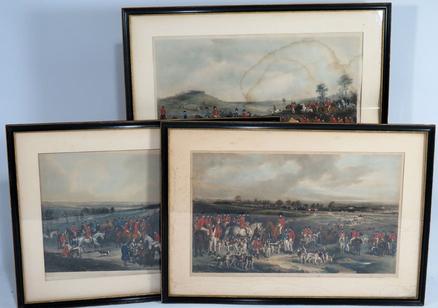 (on 3) ENGLISH FOX HUNT COLORED ENGRAVINGS: all depicting The Meet one, Printed by H. Calvert, Engraved by W. H. Simmons; (some water stains at bottom; mat dirty) another, F. Grant, F. Bromley, sculpt; (foxing to bottom border) the third, F. Gr