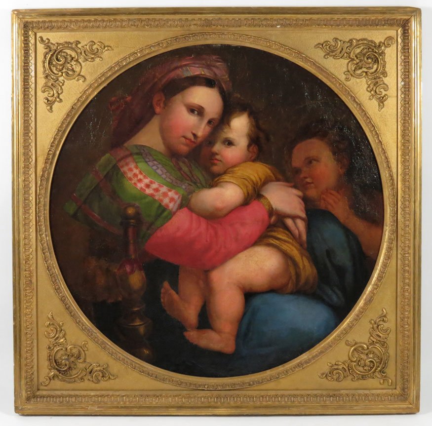 ITALIAN, 19th c., after RAPHAEL: Madonna della Sedia (painted by Raphael c. 1513) Mary, Christ and young John the Baptist o/c, painting 29.5” diam., original gilt frame
