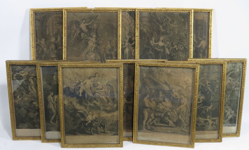 (on 12) 18TH C. FRENCH ENGRAVINGS, RUBENS: French queen series Rubens pinxit,...L.M. Nattier delineavit Ben. Audran sculpsit; Se vend a Paris chez le St. Duchange Graveur du Roy, rue St. Jacques audessus de la rue des Mathurins...Acec Privileg